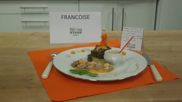 aiguillettes de canard au crottin de Chavignol avec ses lentilles du Berry , écrasé de pommes de terre et mousseline de sucrine du Berry e