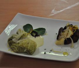 Ballottine de cabillaud et ses légumes du terroir accompagné de son sabaillon de poires