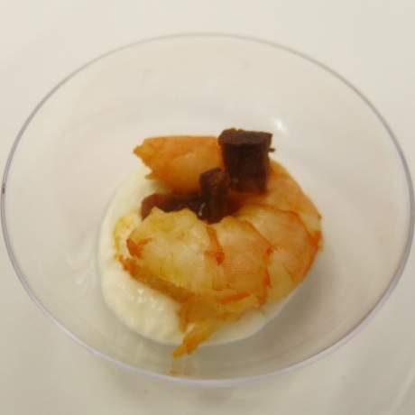 Bouchée au fromage frais et sa crevette au chorizo