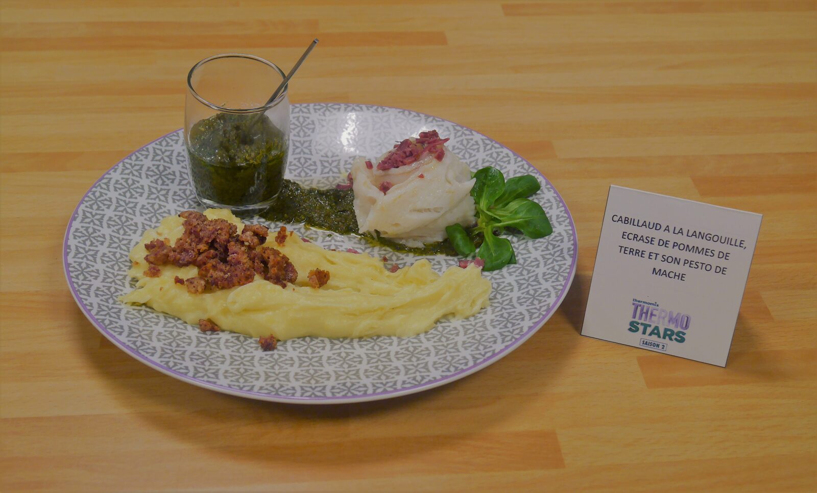 Cabillaud à la langouille, écrasé de pomme de terre et son pesto de mâche