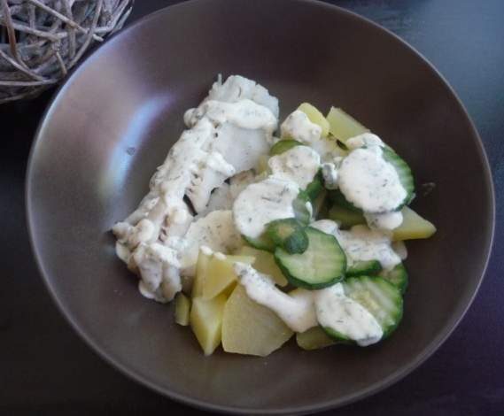 Cabillaud, pommes de terre et courgettes sauce citron moutarde