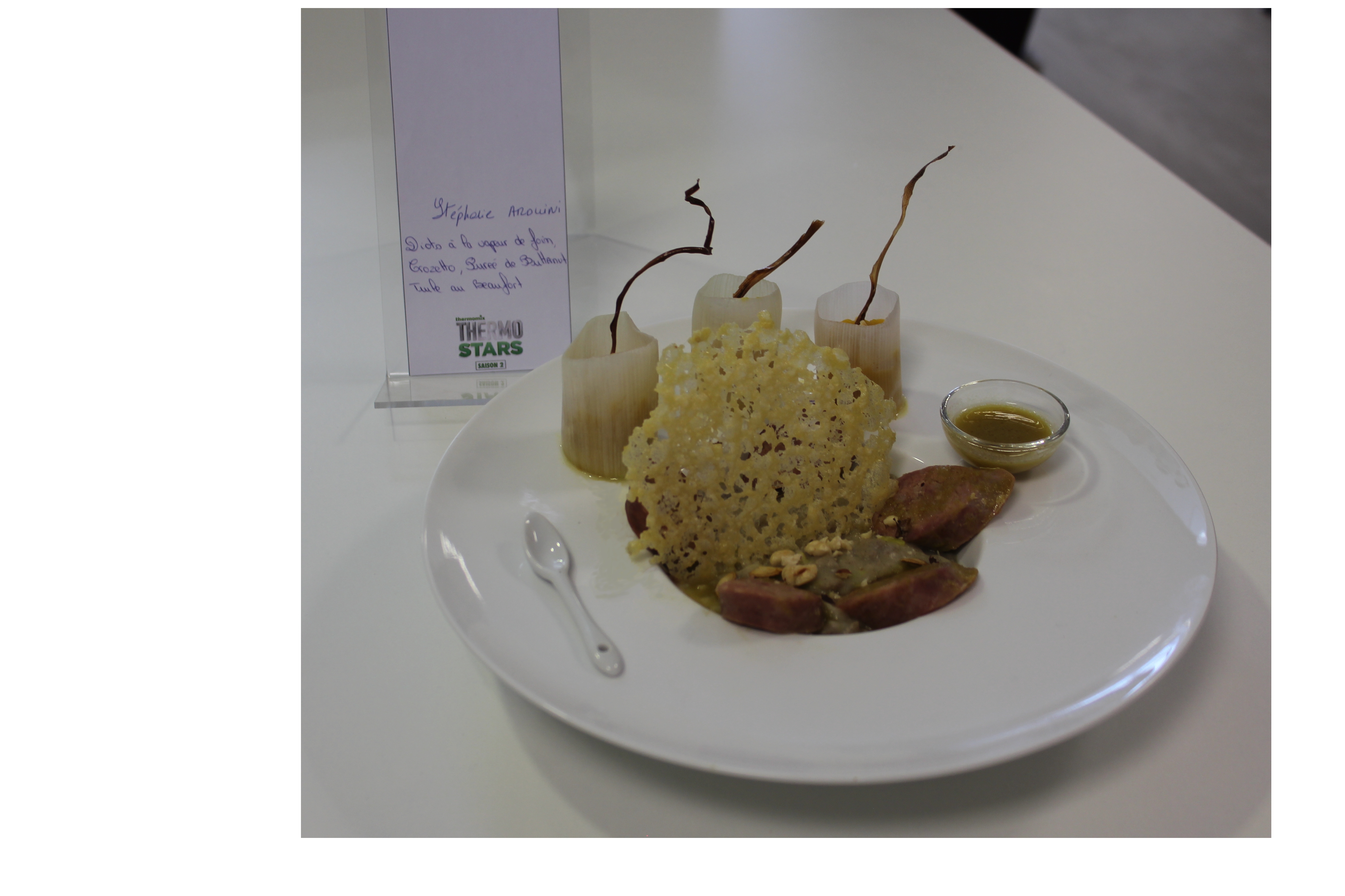 Diots à la vapeur de foin, Crozetto maison, Purée de Butternut en robe de Poireaux et Tuile de Beaufort