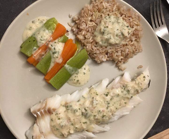 Dos de cabillaud, avec riz thai, duo de lamelle de carotte, courgette et sauce aux échalottes