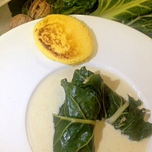 FEUILLES DE BLETTES FARCIES ET SA CREME DE TOPINAMBOUR, GALETTE DE MAIS