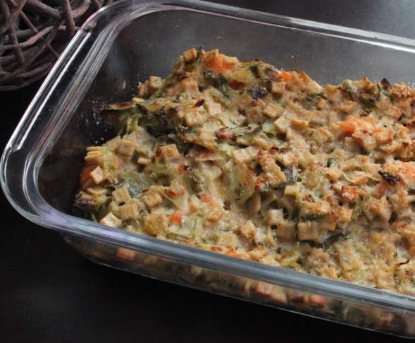 Gratin de crozets aux poireaux et saumon fumé