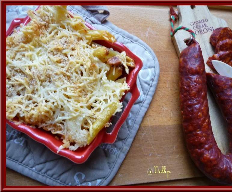 Grâtin de pâtes au chorizo et au curry