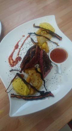 magret de canard, legumes d'hiver en 3 façons, pomme fruit et sauce au cidre