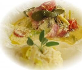 papillote de ballotin comté sauge bardé et son riz
