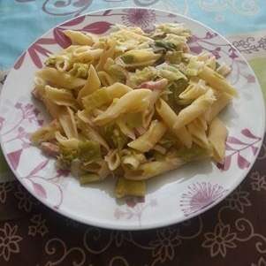 Pâtes aux poireaux et lardons