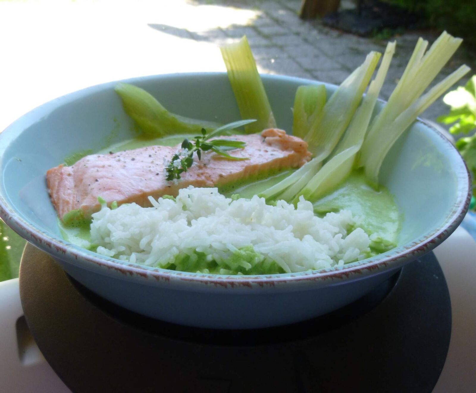 pavés de saumon,riz,fenouil,sauce fanes de radis