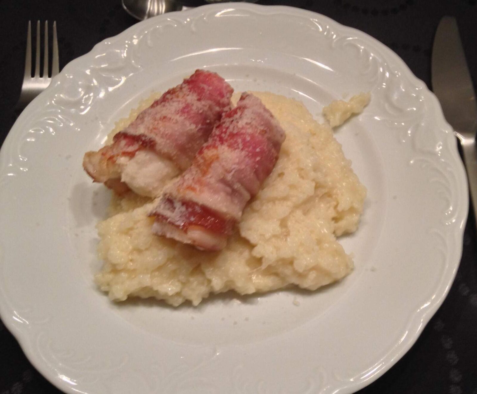 Risotto et ballotins de lotte au lard