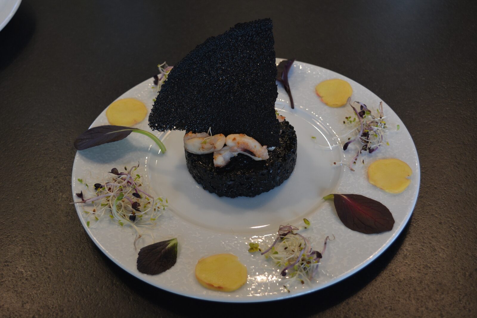 riz de camargue à l'encre de seiches avec sa tuile et ses graines germées