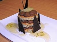 Tourelles aux noisettes, pistaches, chantilly de chocolat noir et compotée de poires au miel et gingembre